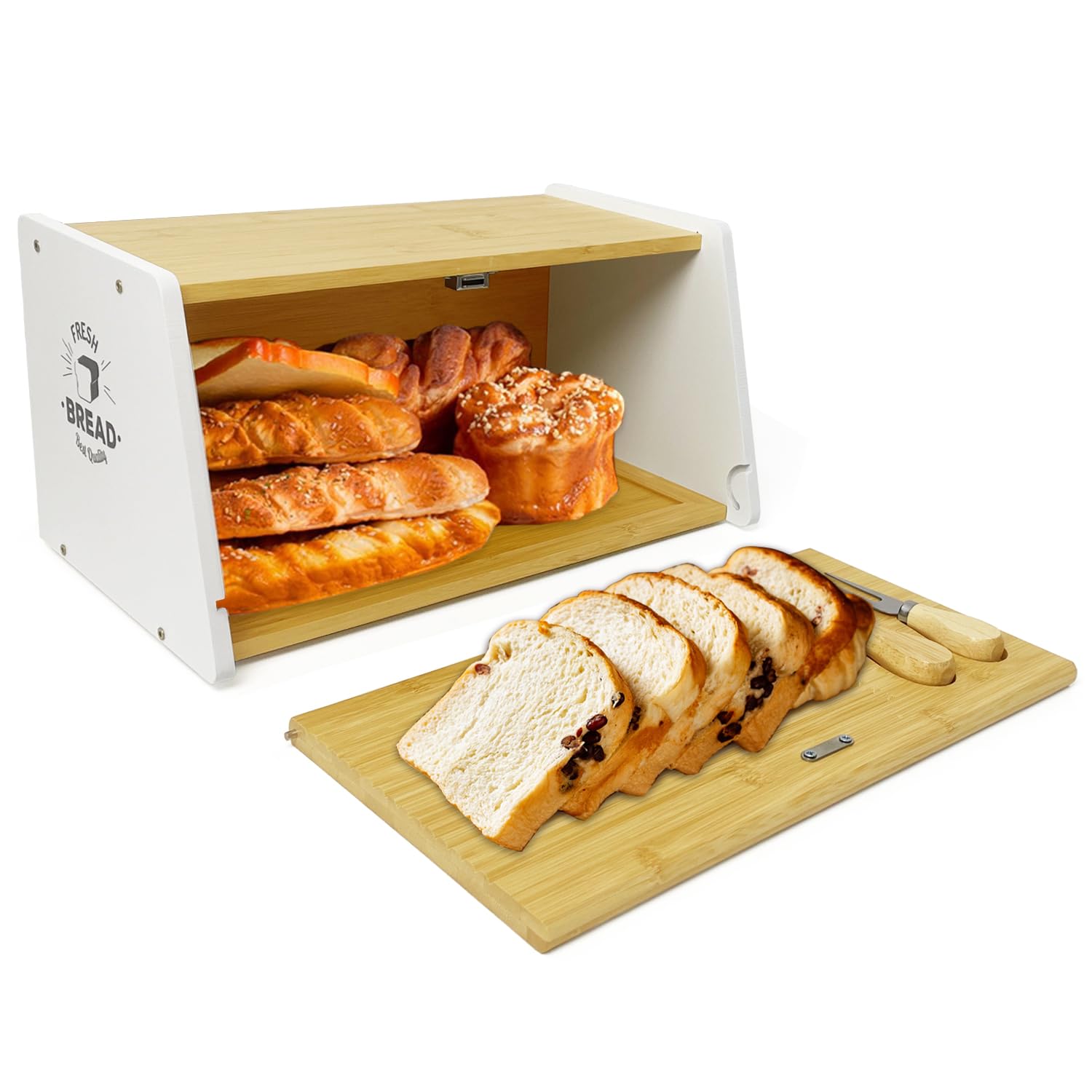MinBoo Wooden Bread Box, Large Bread Box for Kitchen Countertop, Bread Storage Container for Loaves & Pastries with Removable Tray, 38 x 20 x 24 cm(L x W x H), Requires assembly (Natural)