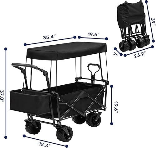 Miniatura 3 de ALIMORDEN Carro de jardín plegable con dosel, carrito de herramientas plegable resistente al aire libre con toldo extraíble y ruedas grandes, color