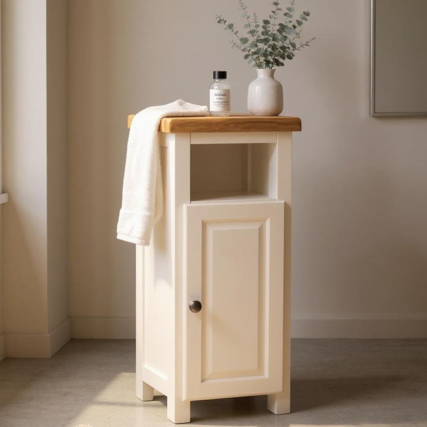 GROF Slim Display Cabinet, Snow White Painted Storage Unit with Oak Top, Narrow Side Table for Living Room and Hallway, W33 x D30 x H80 cm