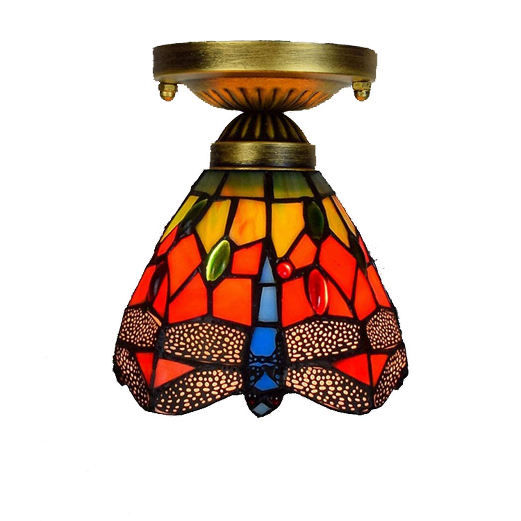 Tiffany-Stil Red Dragonfly Deckenleuchten Erröten-Einfassung Deckenleuchte Handgefertigte Glasmalerei LED-Nachtlicht für Schlafzimmer Wohnzimmer, E27,15CM