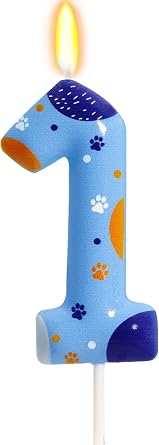 Blue Orange Dog Paw Birthday Candles, Number 1 Print Party Supplies, 2.76 Inch Cake Topper Decorations Number 1