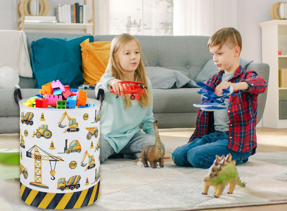 Image of ESSME Kids Laundry Basket,Car Hamper Collapsible Canvas Waterproof Storage Bin for Boys, Nursery Hamper,Gift Baskets,toy bins(Engineering vehicle)