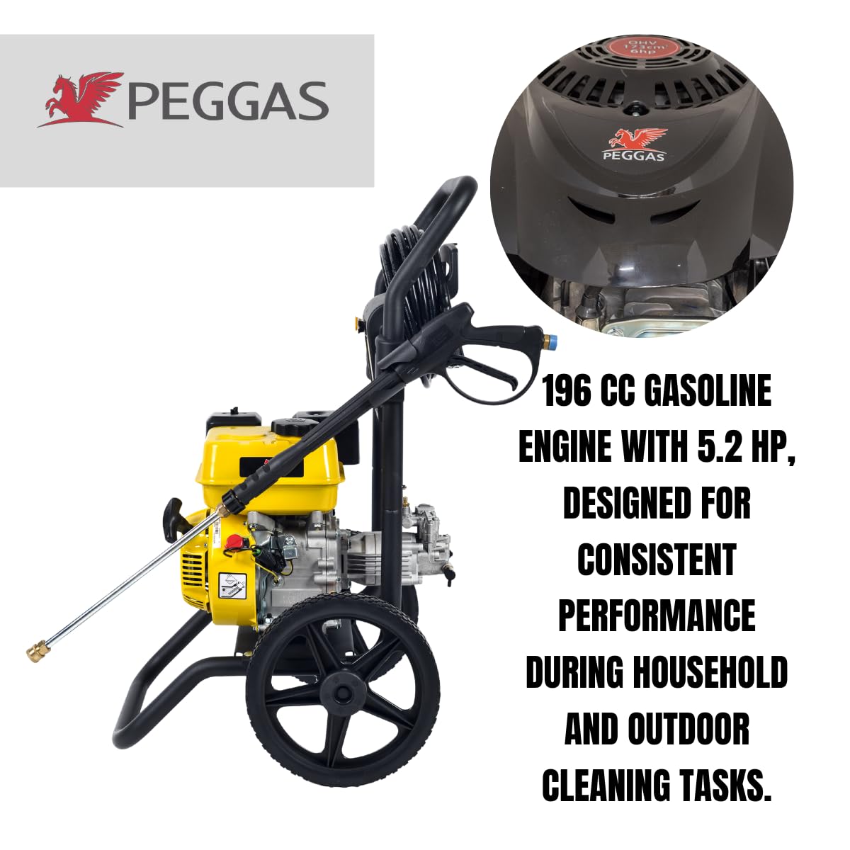 Idropulitrice a Benzina 207 Bar 3000 PSI, Motore Peggas 5.2 HP 196 cc, Portata 8,5 L/min, Pompa Assiale in Alluminio, Tubo Alta Pressione 7,5 m, per Auto Giardino Patio – WASPPER W3000HA