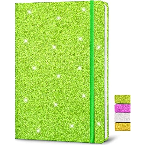 GINMLYDA Journals for Women, Glitter Lined Notebook A5 160 Page/80 Sheet 21x14.5cm A5 Notebook Hardback with Elastic Band Diary Notepad Office School Supplies Note Taking Writing Gifts for Women-Green Cover