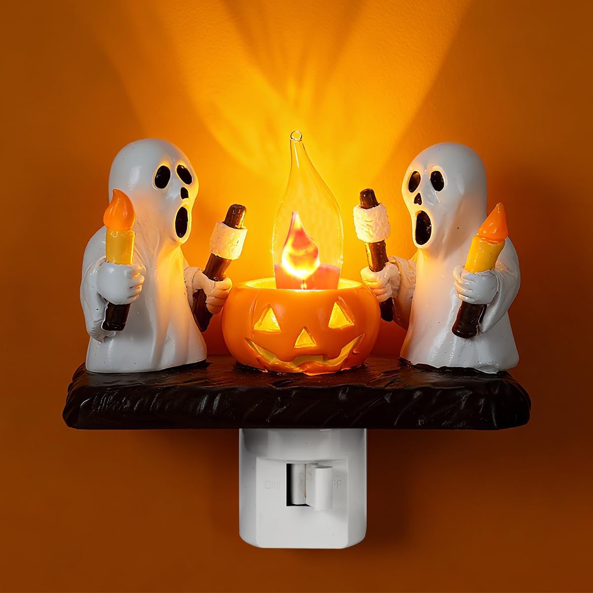 Ghost Campfire Flickering Night Light, Scary Ghost Campfire Nightlight Plug into Wall, 3D Spooky Fire Night Light for Halloween Home Decor (Ghosts with Candle)