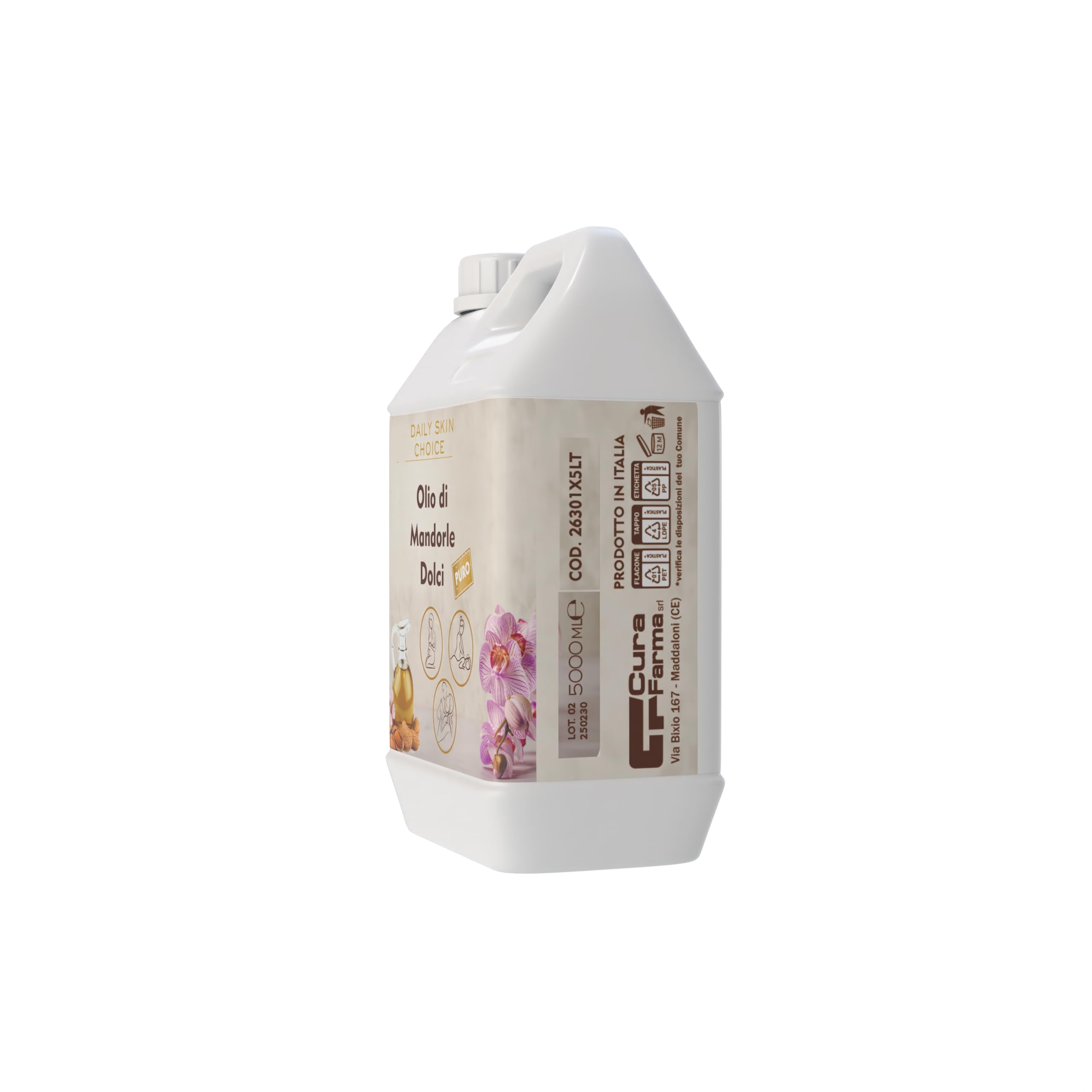 Cura Farma Olio Di Mandorle Dolci Naturale Vegano - 5 Litri Senza OGM - Ideale Per l’Aromaterapia, Massaggi E Smagliature In Gravidanza - Idratante Per Corpo - Viso - Labbra - Capelli - Pelle