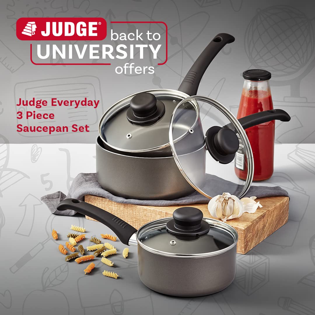 Judge Everyday JDAYA1 zestaw patelni, nieprzywierający, 3-częściowy zestaw 16 cm, 18 cm 20 cm rondle ze szklanymi pokrywkami - 5 lat