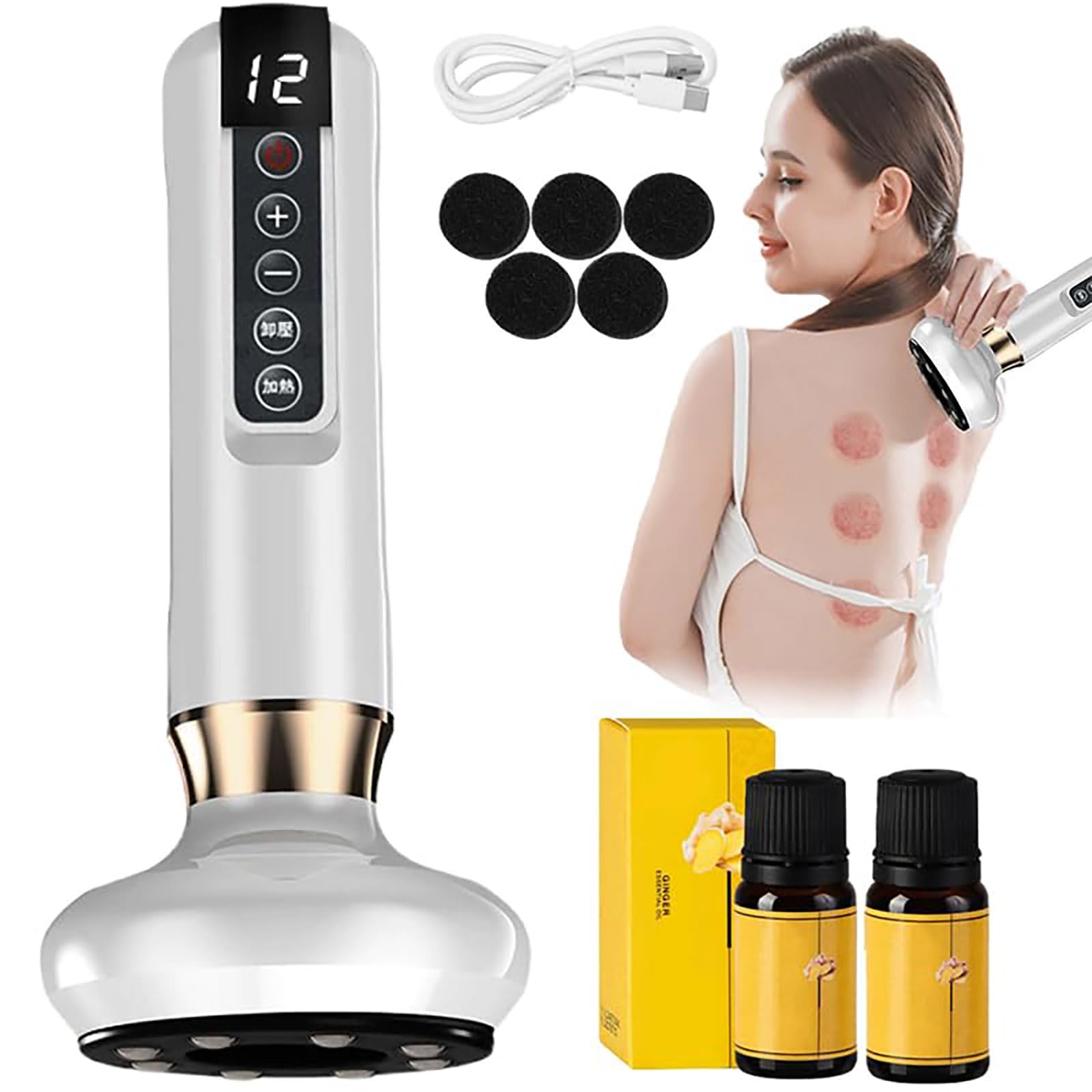 Velessa Massaggiatore Anticellulite Elettrico con Aspirazione Regolabile – Masseur Anti Cellulite, Ventouse Cellulite, 12 Livelli, Riscaldamento, Gua Sha Vacuum per Corpo, Gambe e Glutei (Bianco)