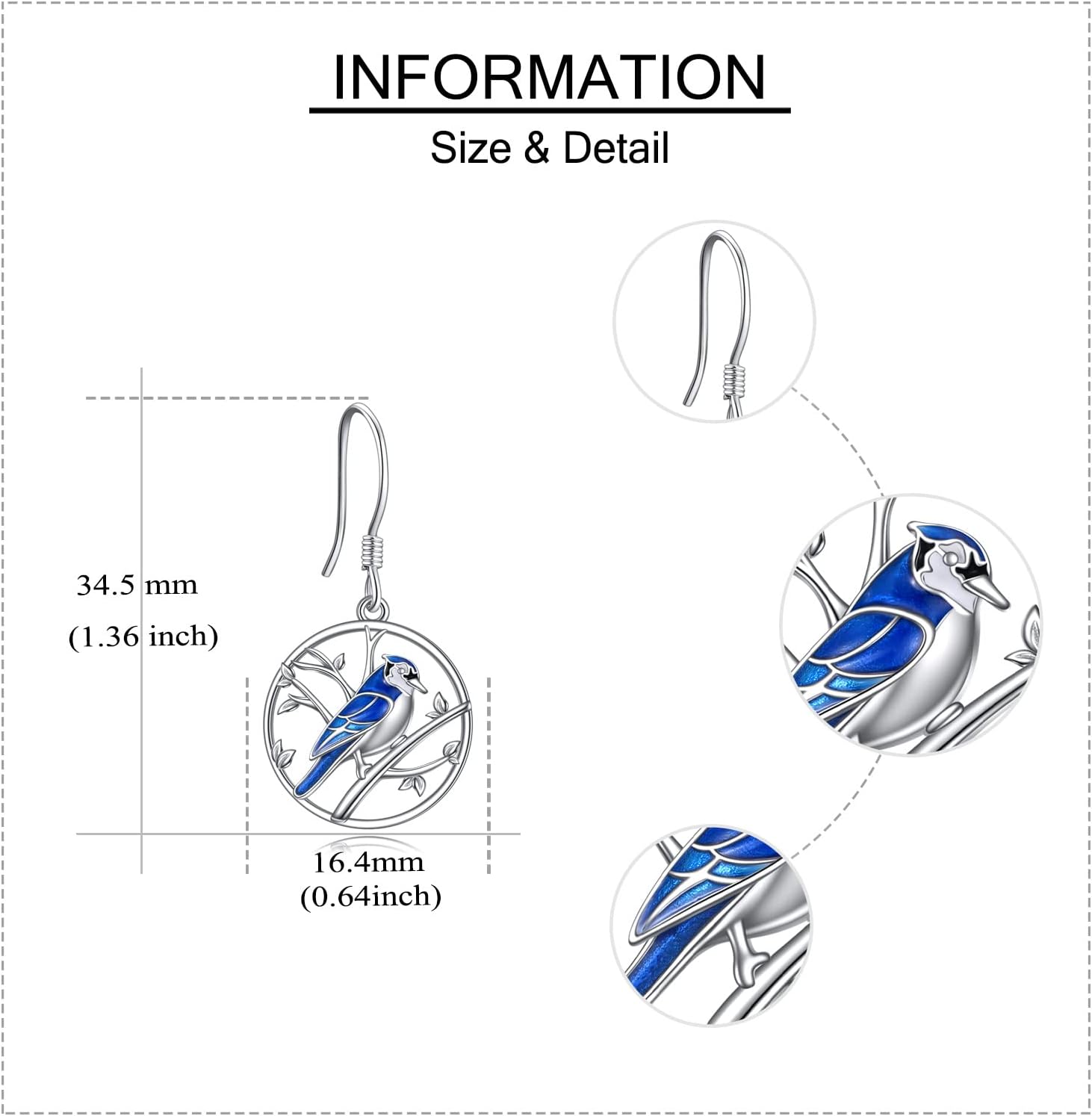 ONEFINITY 925 Sterling Silver Blue Jay Cross Dangle Drop Earrings Blue Bird Jewelry for Bird Lover Gifts