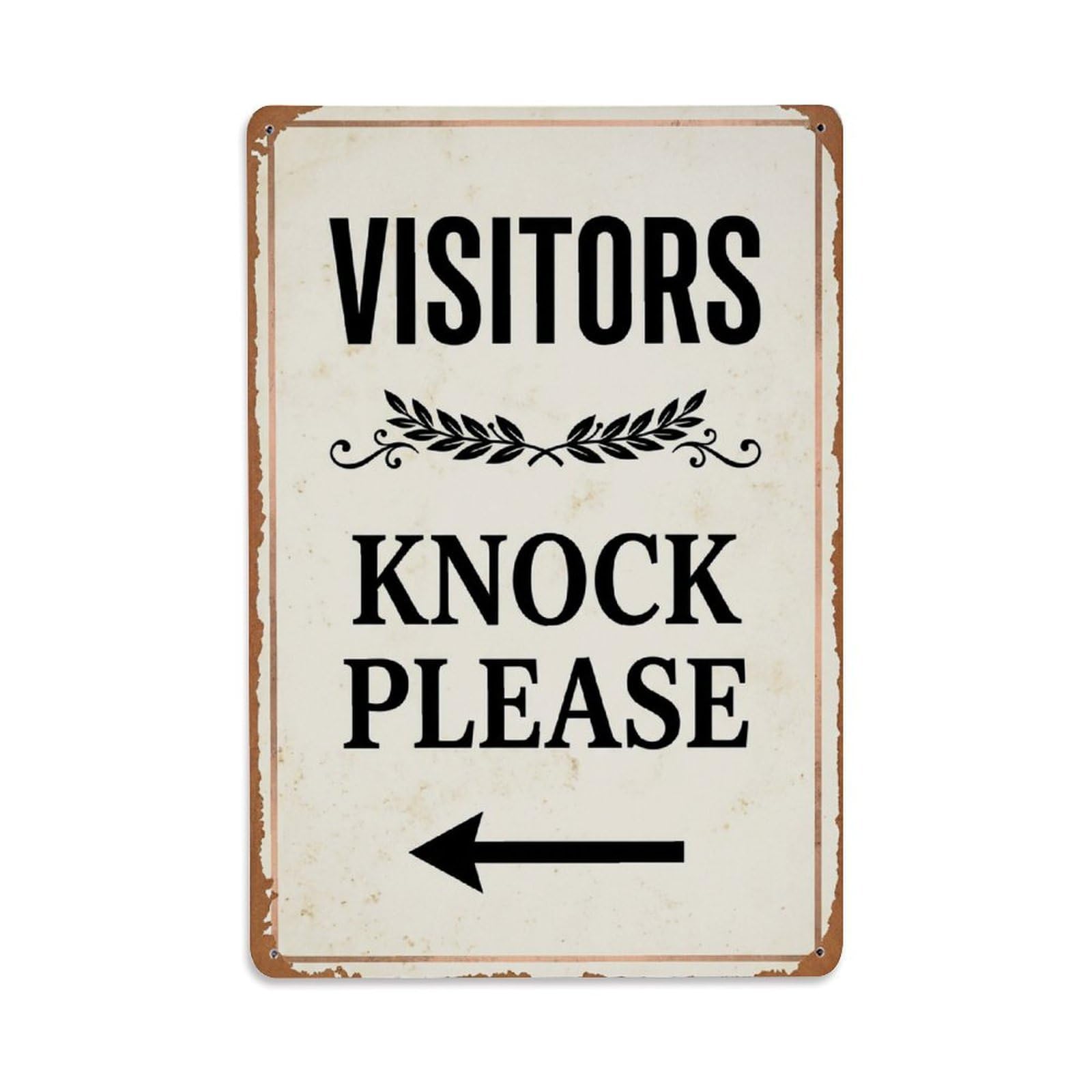 Vintage Visitors Knock Please Arrow Laurel Metal Tin Sign