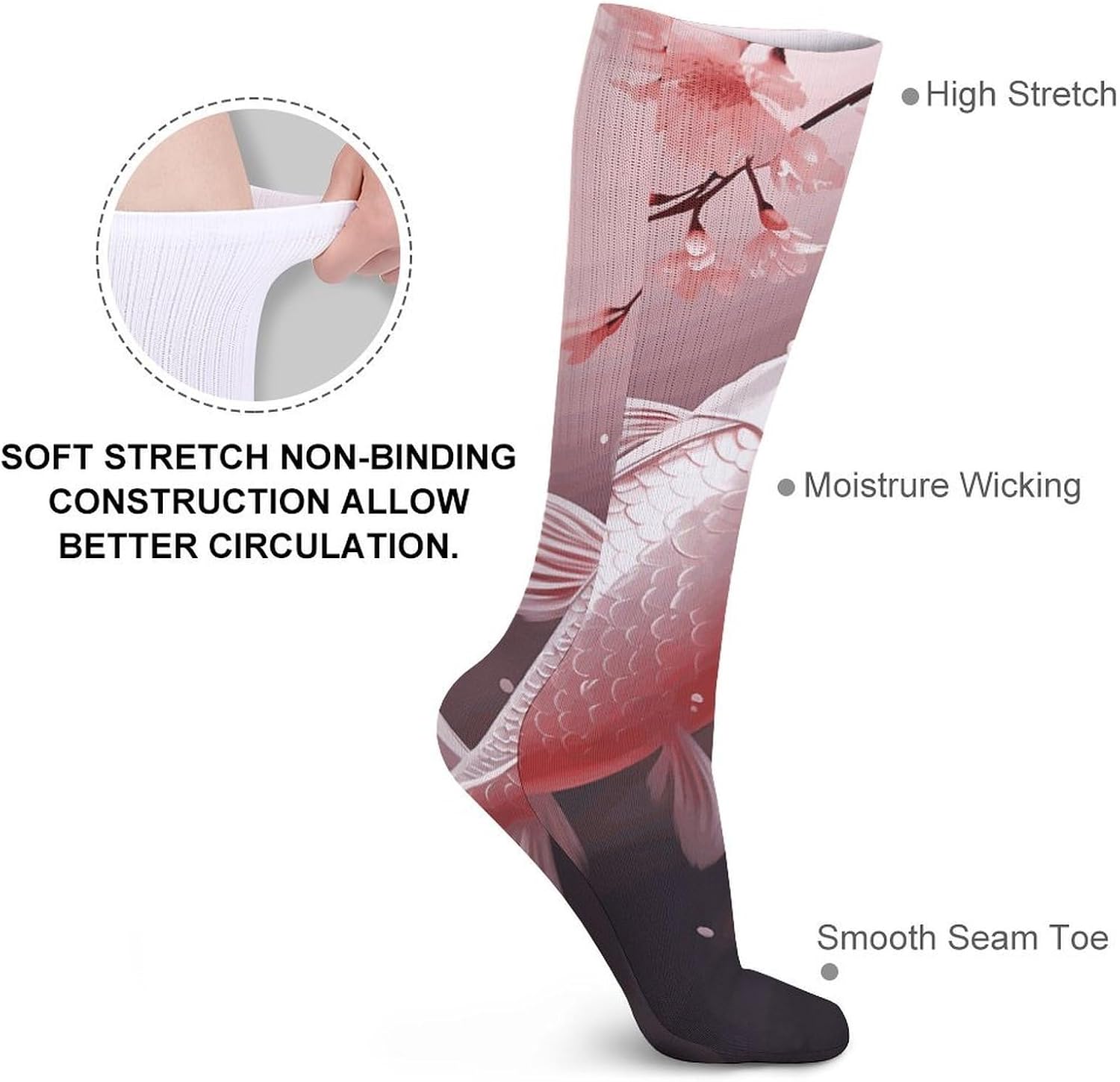 Breathable Boot Sock Cherry Blossom Red Carp Socks for Women Men Cotton Sock Moisture-Wicking Warm Stockings Long Socks for Hiking Work Sport