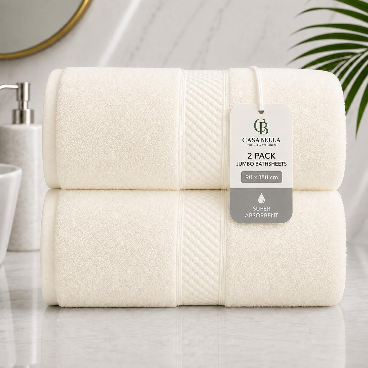 Casabella CB 2 Piece Jumbo Bath sheets 100% Combed Cotton Extra Large Bath Towel bale set super Absorbent Soft Cream 2 Pack 90X180 CM Bath sheets Extra Large Bathroom Set Beach Towel