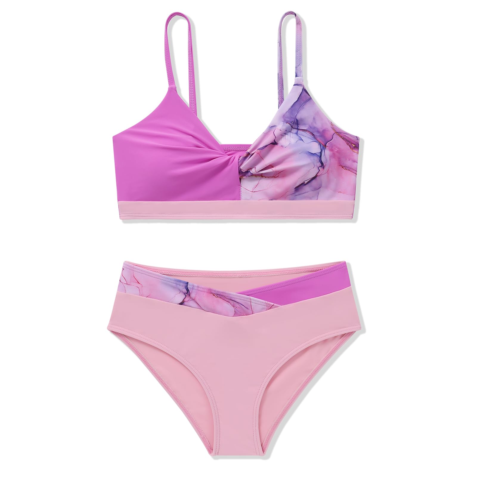 Bkixhv Girls 2 Piece Swimsuit Bikini Set Color Block Tropical Floral Bathing Suit Girls' Cute Swimwear