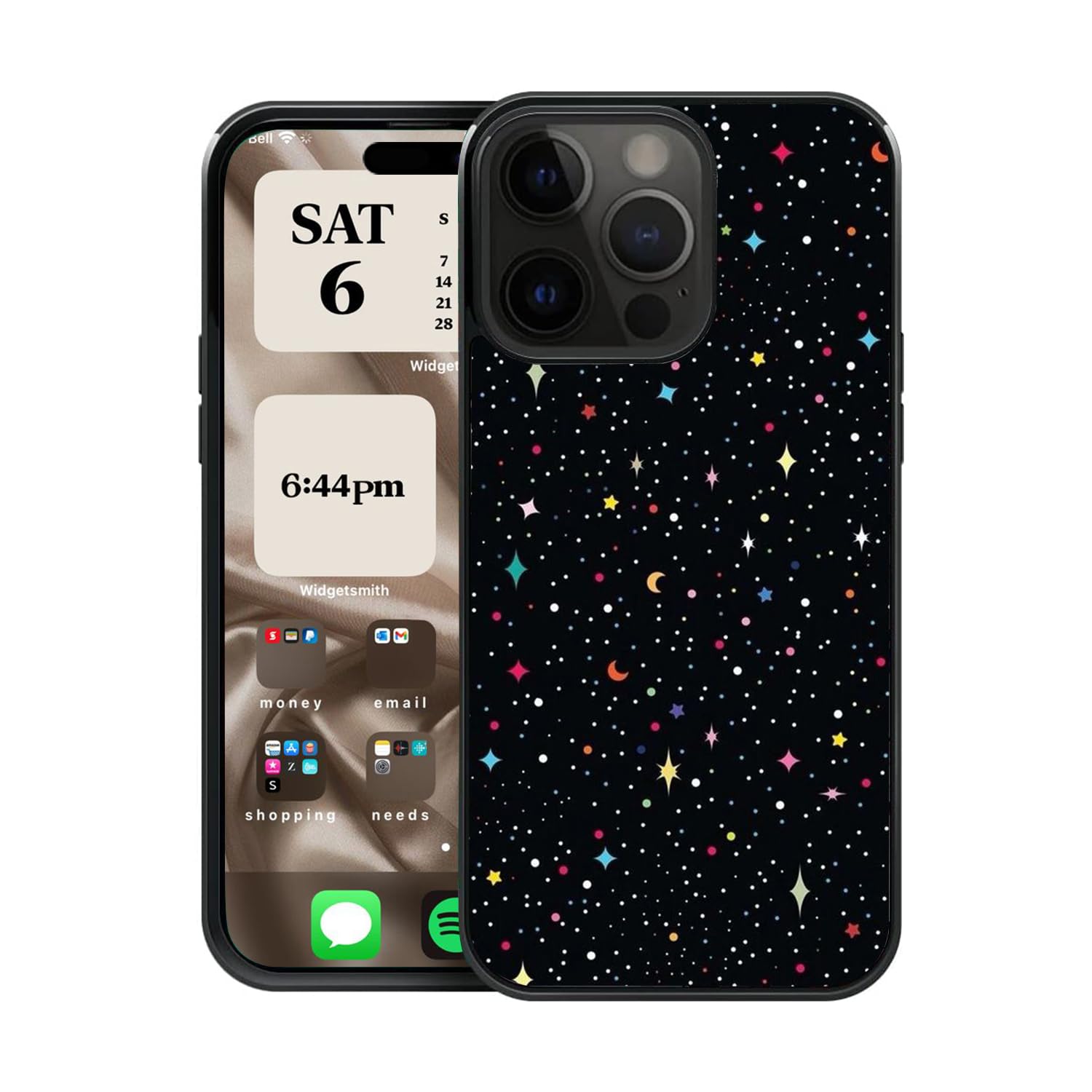 CREFORKIAL Cute Black Stars Phone Case for iPhone 15 Pro Max, Hard Case for iPhone 15 Pro Max Slim Protective Phone Cover Shockproof Soft TPU Bumper + Aluminum Hard Back