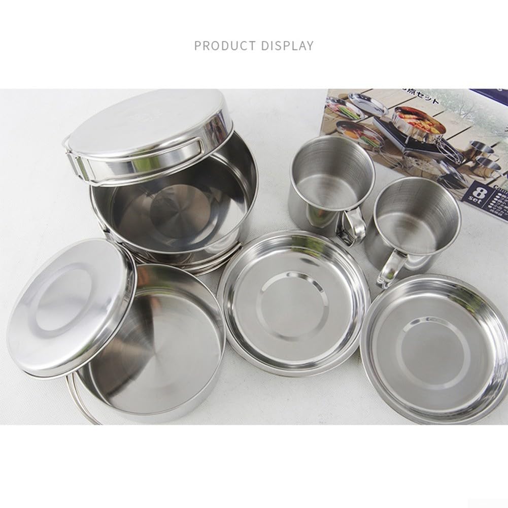 Oniissy Batterie de cuisine de camping en acier inoxydable 8 pièces avec poignées pliantes pour 5 à 6 personnes, kit de cuisson portable pour cuisinière à gaz et cuisinières électriques avec
