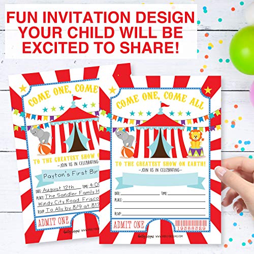 Image of Hadley Designs Kids Birthday Invitations For Boys Carnival Theme - 25 Circus Birthday Party Invitations For Boys, Carnival Invites For Boy, Cute Circus Party Supplies, Made In USA