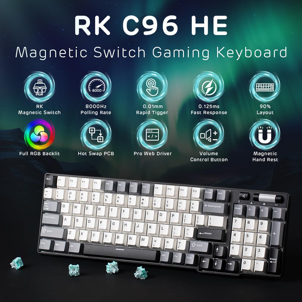 RK ROYAL KLUDGE C96 HE - Teclado mecánico para juegos, interruptor magnético de efecto Hall, teclado RGB con cable 90% intercambiable en caliente, accionamiento ajustable de disparo rápido, tasa de