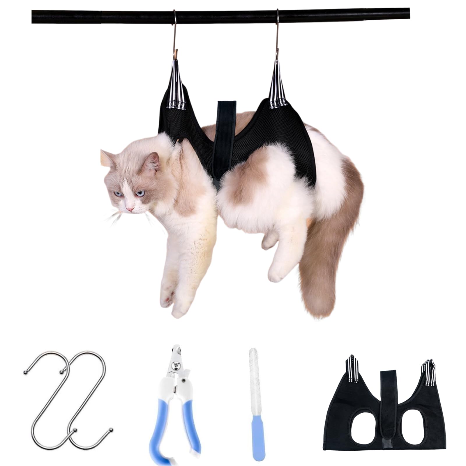 [Senteria] 犬 猫グルーミングハンモック ヘルパー マジックシール付き 子 犬 猫 ハンモック 爪切り補助具 ペット用 爪やすり付き ネイルのトリミング 拘束带 ポータブル ソフトクッション 通気性 介護 耳/目のケア (M, ブラック)