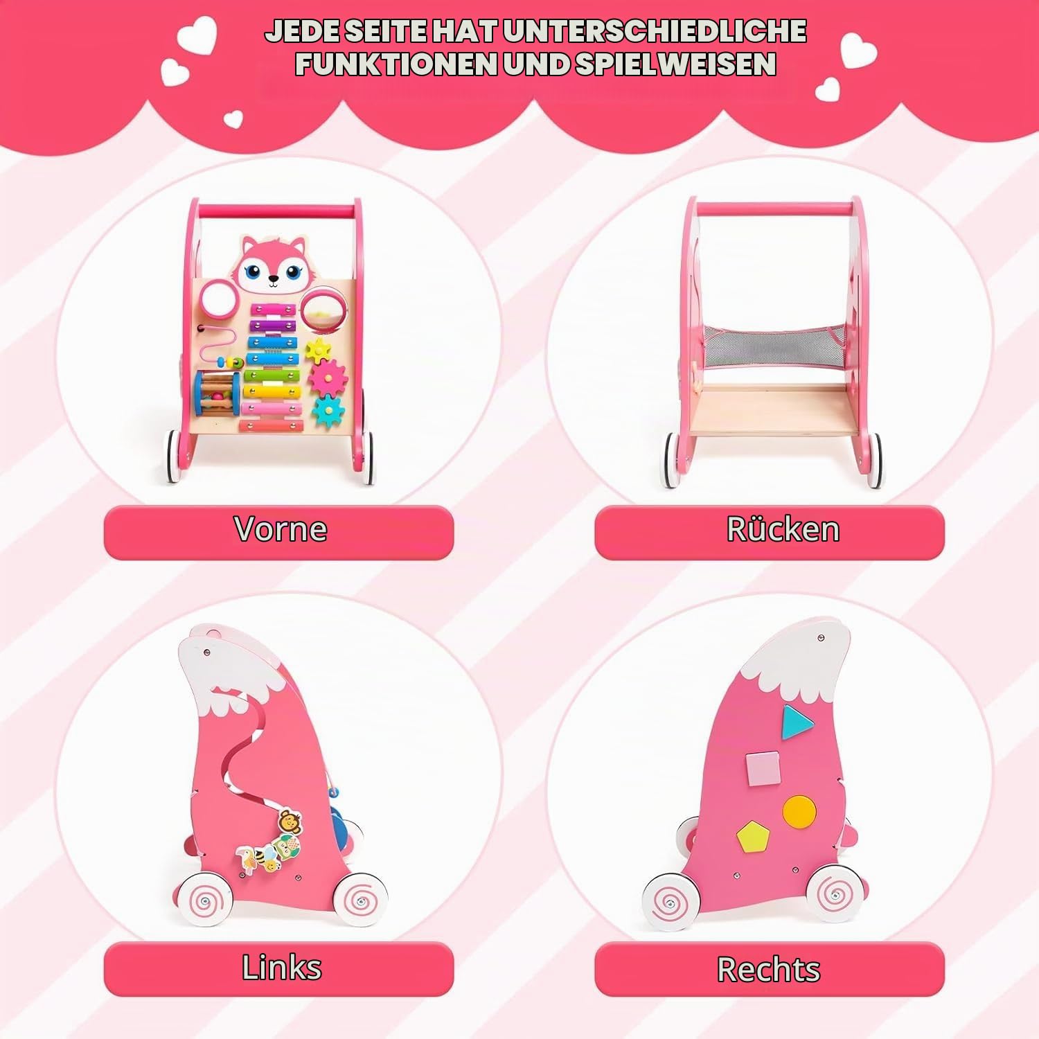 Holz Spielzeug Baby mit Multifunktional Montessori Spielzeug, Lauflernwagen mit Xylophon,Musikinstrumenten & Formenpassspiel.Multifunktionales Aktivitätszentrum für Baby ab 6 Monate Rosa