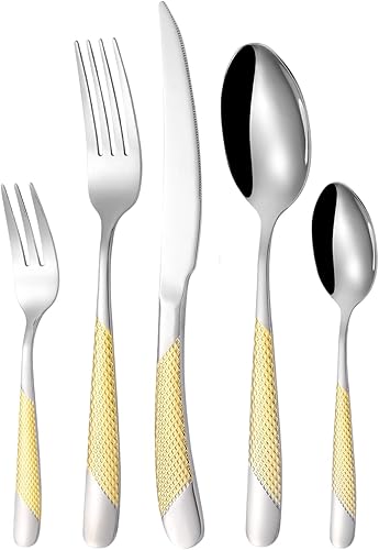 Miniatura 7 de Vilihkc Juego de cubiertos martillados de 20 piezas, juego de cubiertos de acero inoxidable 1810, juego de utensilios de cocina para 4, juego de