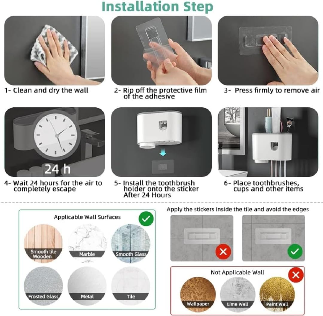 Soporte para cepillo de dientes montado en la pared, soportes para cepillo de dientes para baño, dispensador de pasta de dientes con 4 ganchos para cepillo de dientes (1 taza)