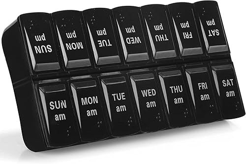Miniatura 6 de Organizador semanal de pastillas 2 veces al día, 7 días, organizador grande de medicamentos diario, pastillero, pastillero de viaje (2 veces negro)