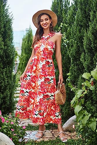 Image of GRACE KARIN Womens Summer Floral Dresses 2026 Boho Maxi Dress Flowy Halter Sundress Casual Vacation Beach Clothes with Pocket