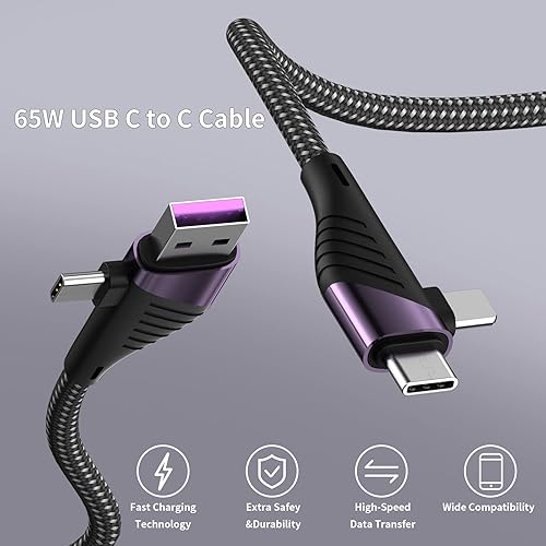 Miniatura 2 de Paquete de 2 (4 pies + 6.6 pies)[4 en 1] Cable de carga múltiple de 65 W 3.1 A USB C de carga rápida, cable USB A/C trenzado de nailon a USB C/IP,