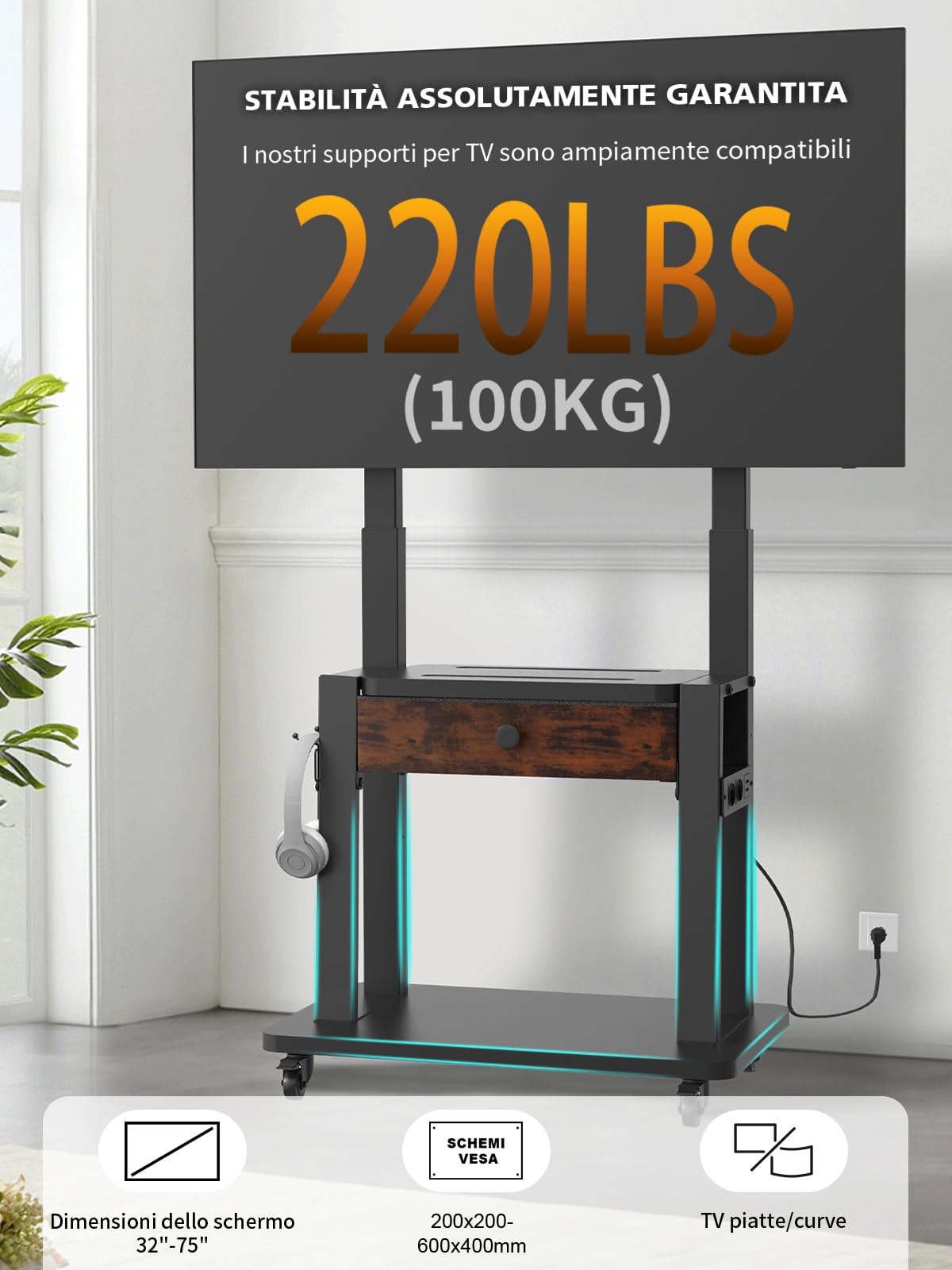 Maiproo Supporto TV con presa di corrente, per schermi piatti e curvi da 32 a 75 pollici, fino a 100 kg (LCD/LED/OLED), supporto mobile per TV con cassetto in tessuto e ruote, altezza regolabile
