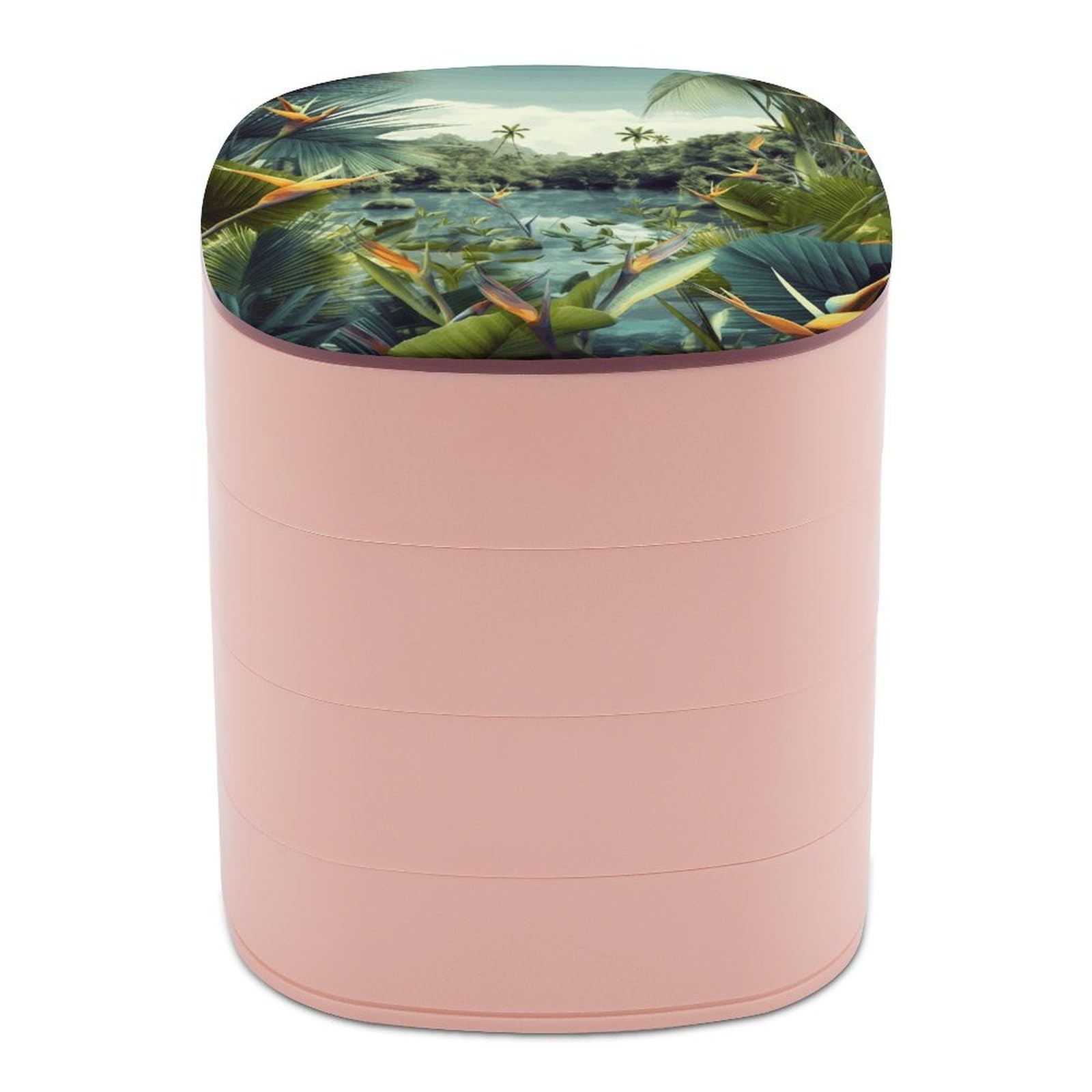 Boîte à bijoux pour coiffeuse imprimée paysage tropical et rotative