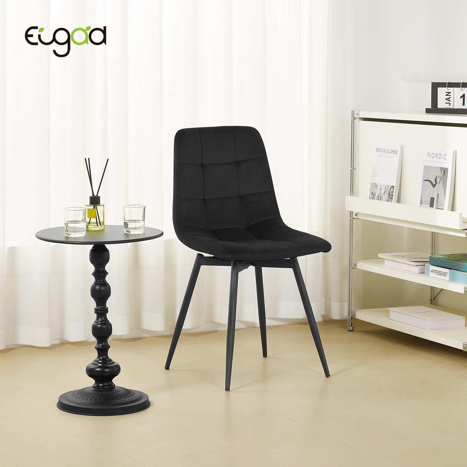 EUGAD Lot de 4 Chaises Pivotantes Salle à Manger, Chaises de Cuisine en Velours, avec Dossier, Assise Rembourrée, Pieds en Métal, pour Salle à Manger, Chambre, Salon, Noir