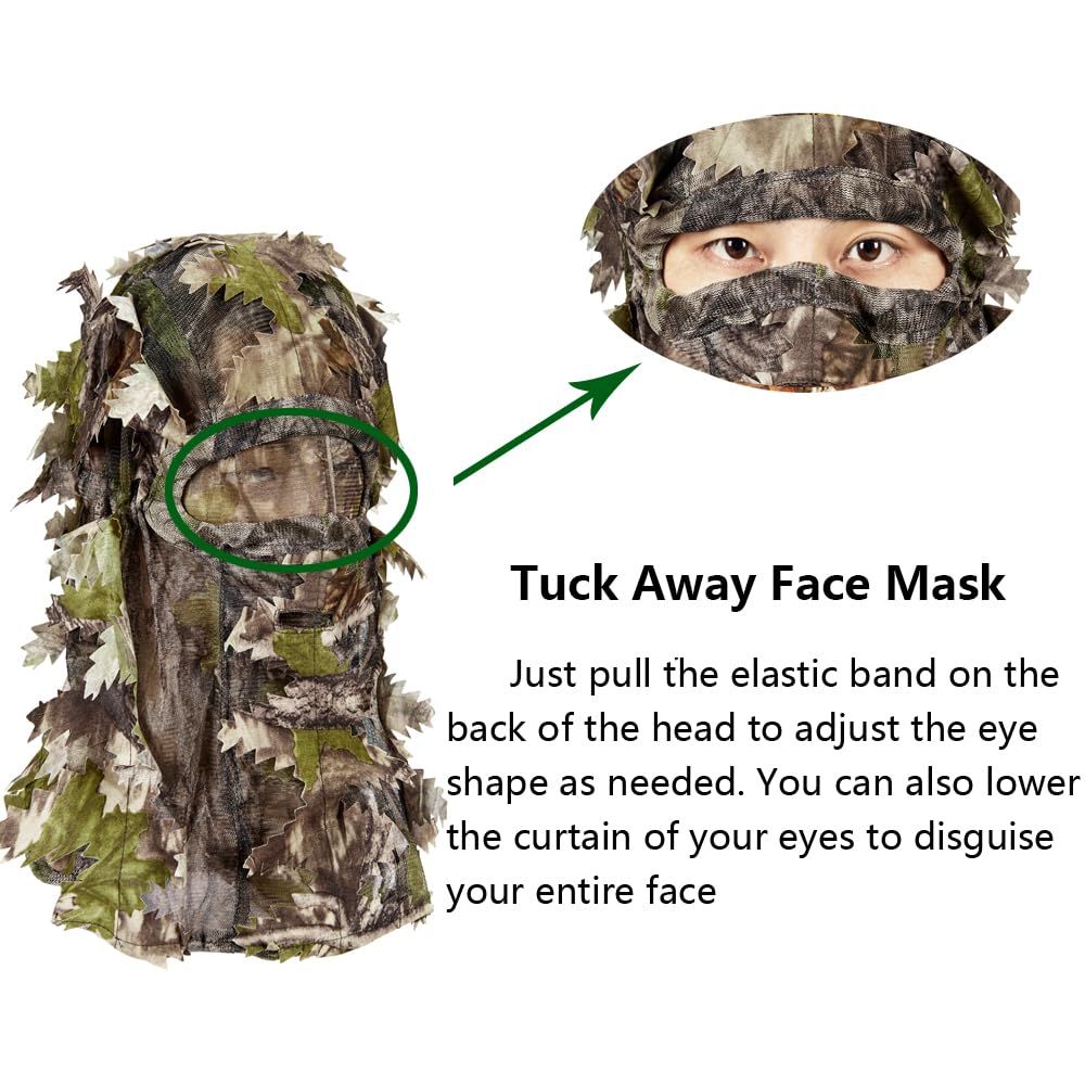 BYMT Hunting Camo Mask Full Face Covering, Ghillie Camouflage 3D Leafy Headwear Breathable Adjustable(Tree Camo)