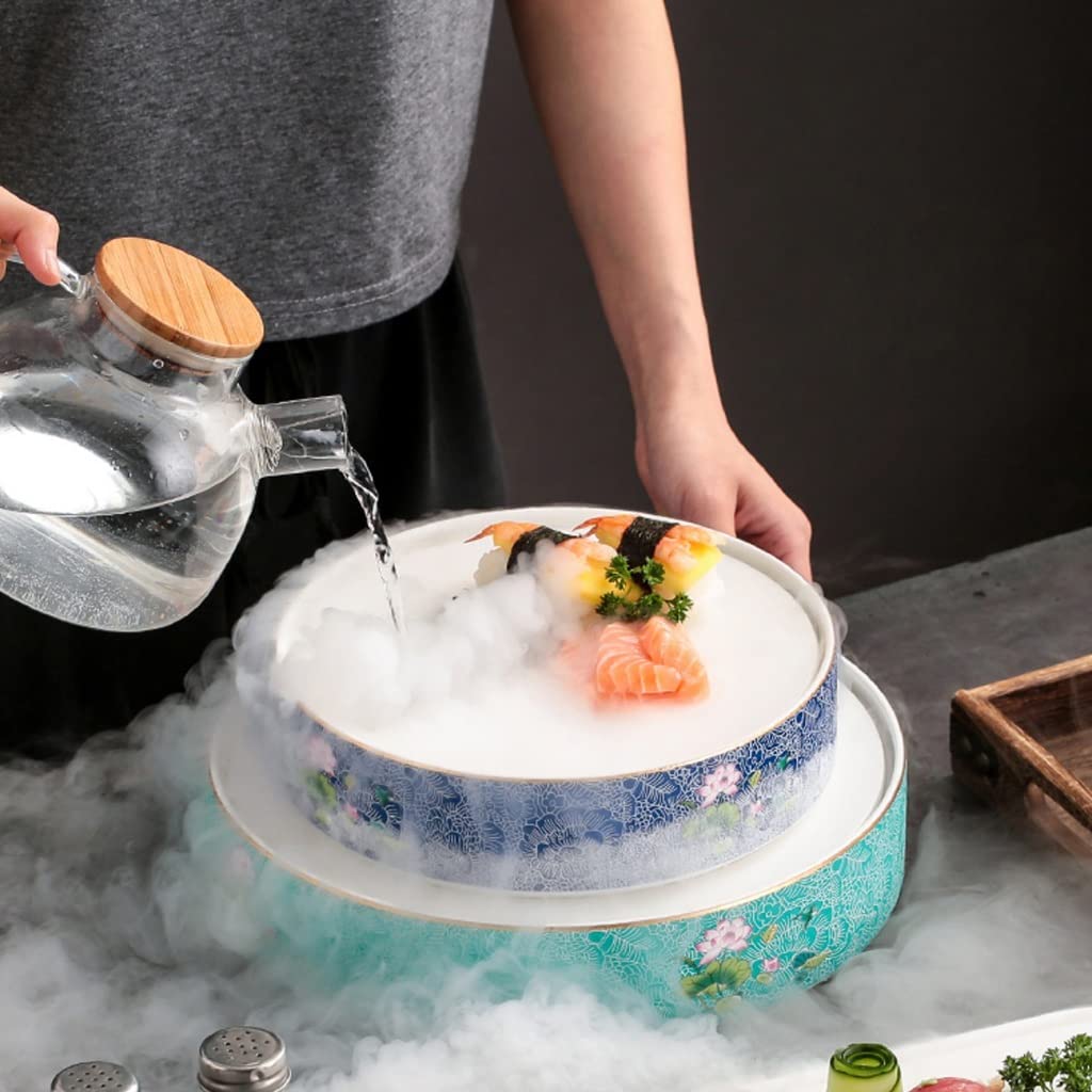 Okrągły talerz ceramiczny Kreatywne zimne dania Talerz Spersonalizowane naczynie do palenia suchym lodem Sushi Sashimi Taca do serwowania Łatwe do czyszczenia (kolor: zielony, rozmiar: L)