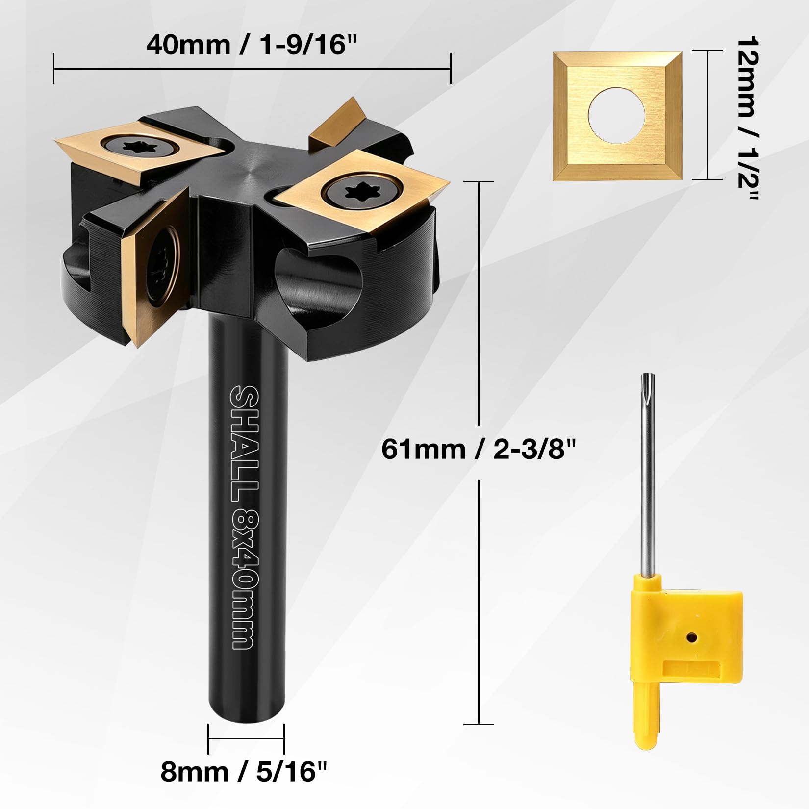 SHALL Fresa Spoilboard 8 mm, fresa per legno CNC, diametro di taglio 40 mm, con 4 piastre reversibili in metallo duro intercambiabili da 12 x 12 mm, 4 lame di ricambio aggiuntive