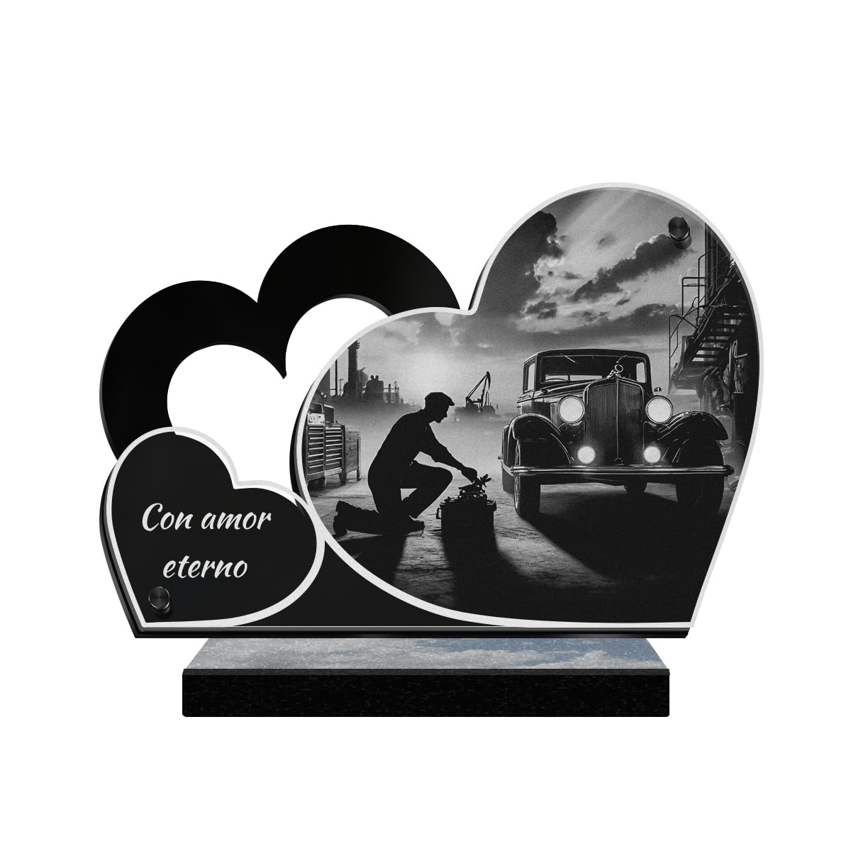 Eternel - Placa Funeraria Personalizada Doble Corazón - Mecánico De Coches, Taller, Automóvil - Texto Personalizable, Placa Funeraria Grabada con Láser para Homenaje, Placa De Cementerio, Funerales