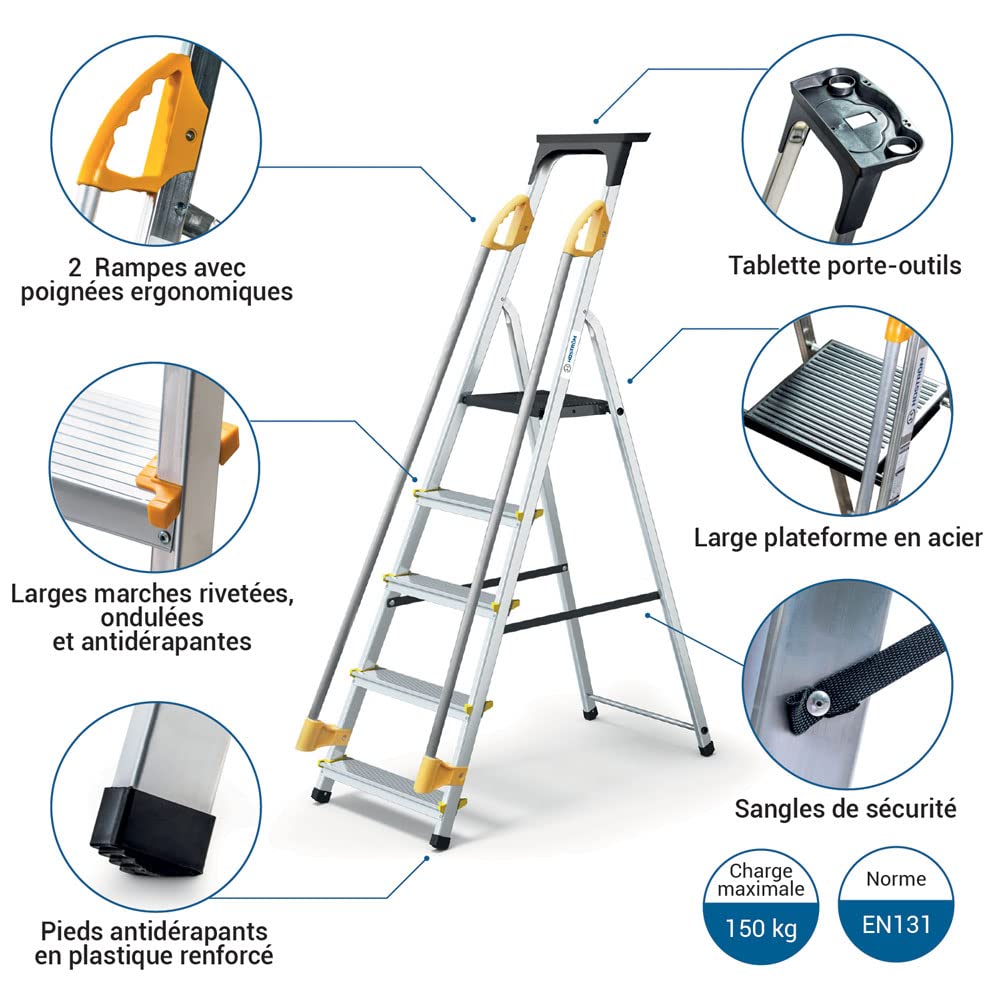 HOSTRÖM Escabeau 5 marches DURAMP sécurisé avec rampes, Tablette Porte-Outils, marchepied Pliable Aluminium, Hauteur Plateforme 97cm, Garantie 5 Ans