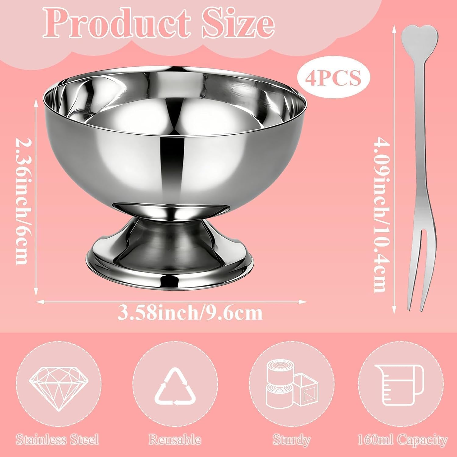 4PCS Small Stainless Steel Ice Cream Cups,5.5OZ Dessert Bowls with Forks