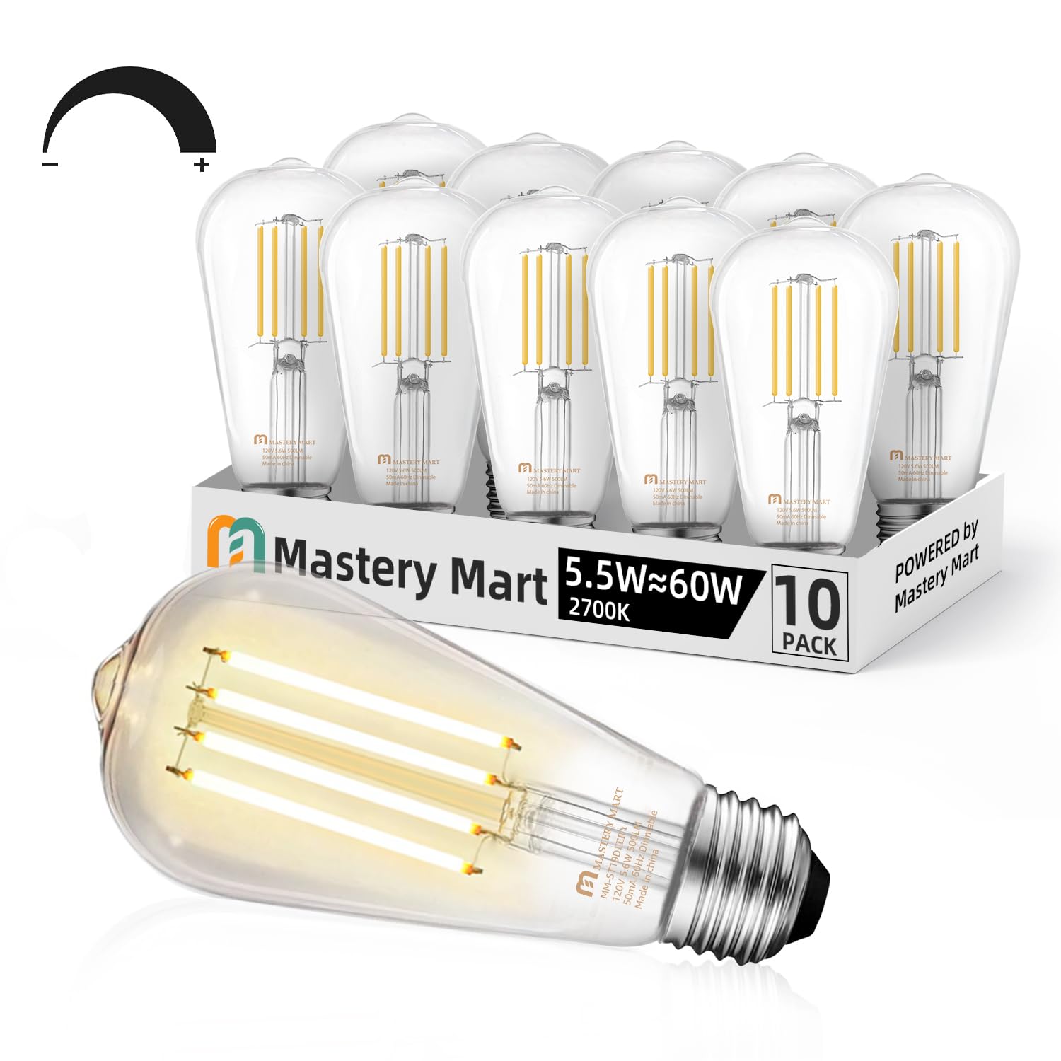 Mastery Mart Dimmable Vintage Edison Light Bulbs, Pack of 10, 2700K Soft White, 5.5W, Equivalent 60W, E26 LED Bulb with 90+ CRI, ST19/ ST58 Clear Glass Antique Filament Edison Style