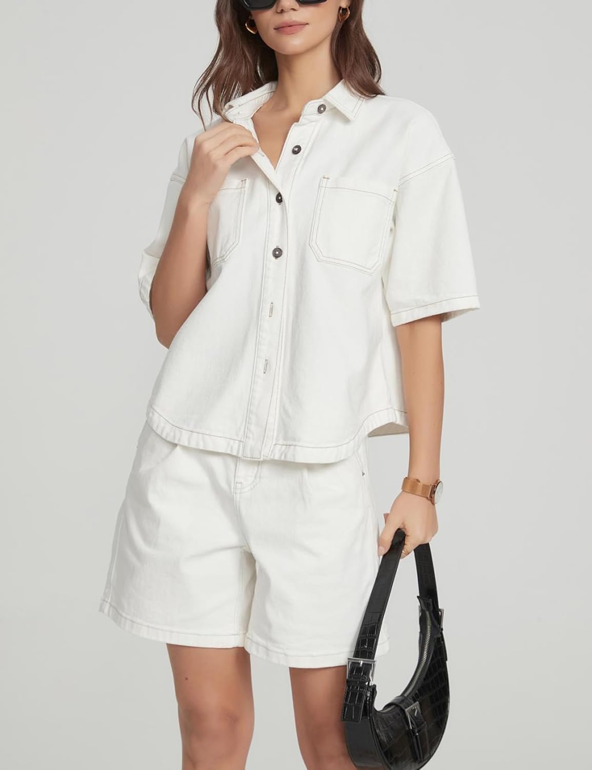 Kedera Women's Denim Shirt Casual Button Down Short Sleeve Jean Shirts Casual Top Outfits Trendy