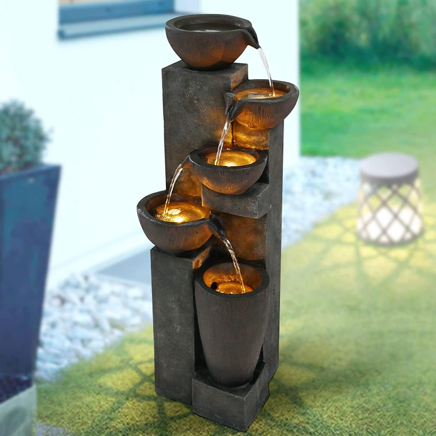 5-Tier Outdoor Modern Polyresin Fountain Floor Standing Cascading Fountain with LED Lighting Natural Look Decor for Garden, Patio, Yard, Deck 40โH