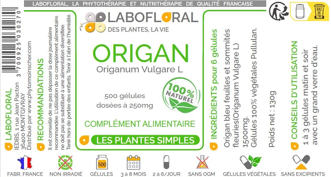 Origan Labofloral 500 gélules dosées à 250 mg - Complément alimentaire - digestion, respiration - Fabriqué en France