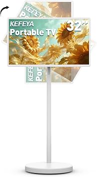 KEFEYA 32" Portable Smart TV, FHD Touchscreen Rolling TV with Swivel Stand, Voice Remote, Android 15, 8GB RAM+128GB Storage, Built-in Battery 68Hrs, EDLA-Certified, 20W Stereo