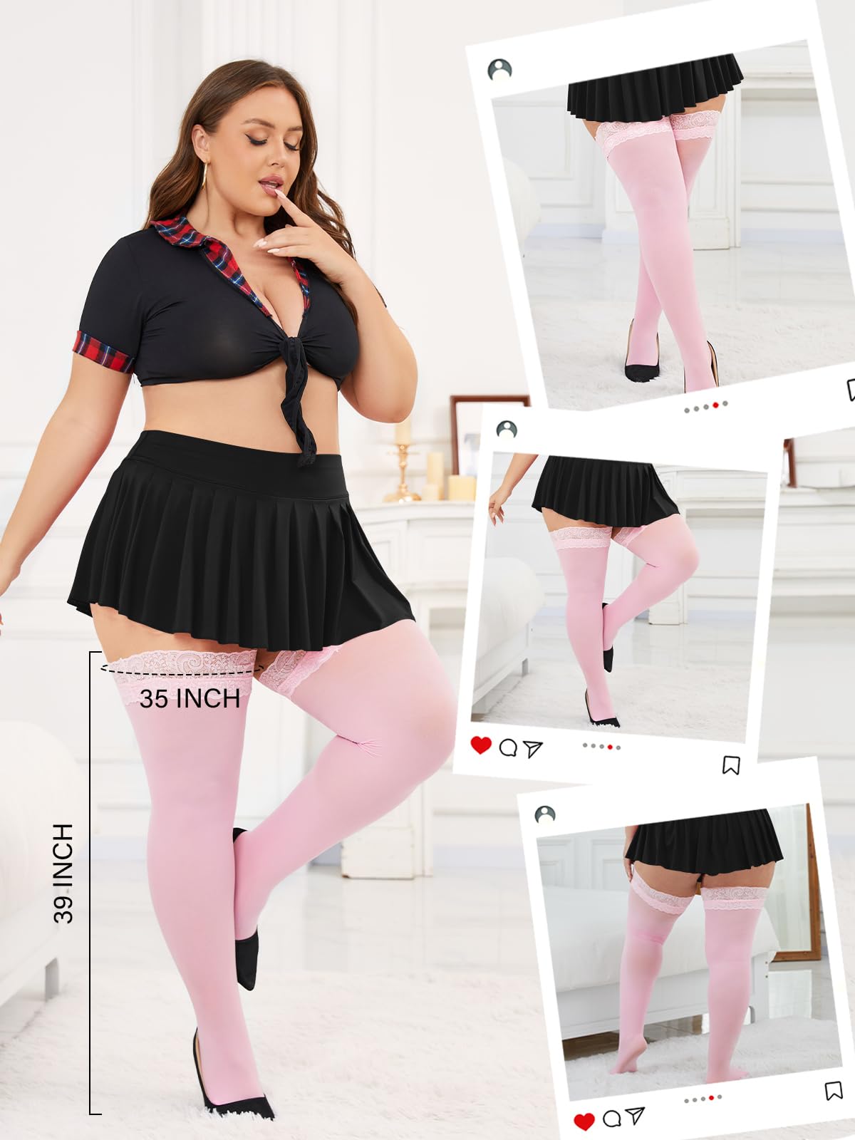 Moon Wood Plus Size Thigh High Stockings Women Sexy Lace Semi Sheer Stay Up Lingerie Thigh Highs Stockings: Light Pink