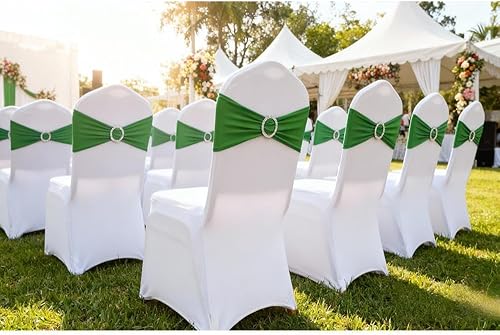 Miniatura 3 de Paquete de 100 bandas para sillas de color verde esmeralda, bandas de elastano verde oscuro para decoración de recepción de Navidad, lazos para