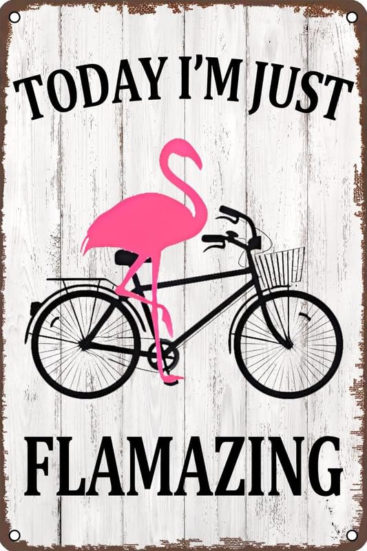Metal Tin Sign Flamingo Bicycle Today I M Just Flamazing Farm Garden Funny Metal Signs Vintage Room Decor Aesthetic Wall Art Tin Sign for Garage Bathroom Room 8x12 inch