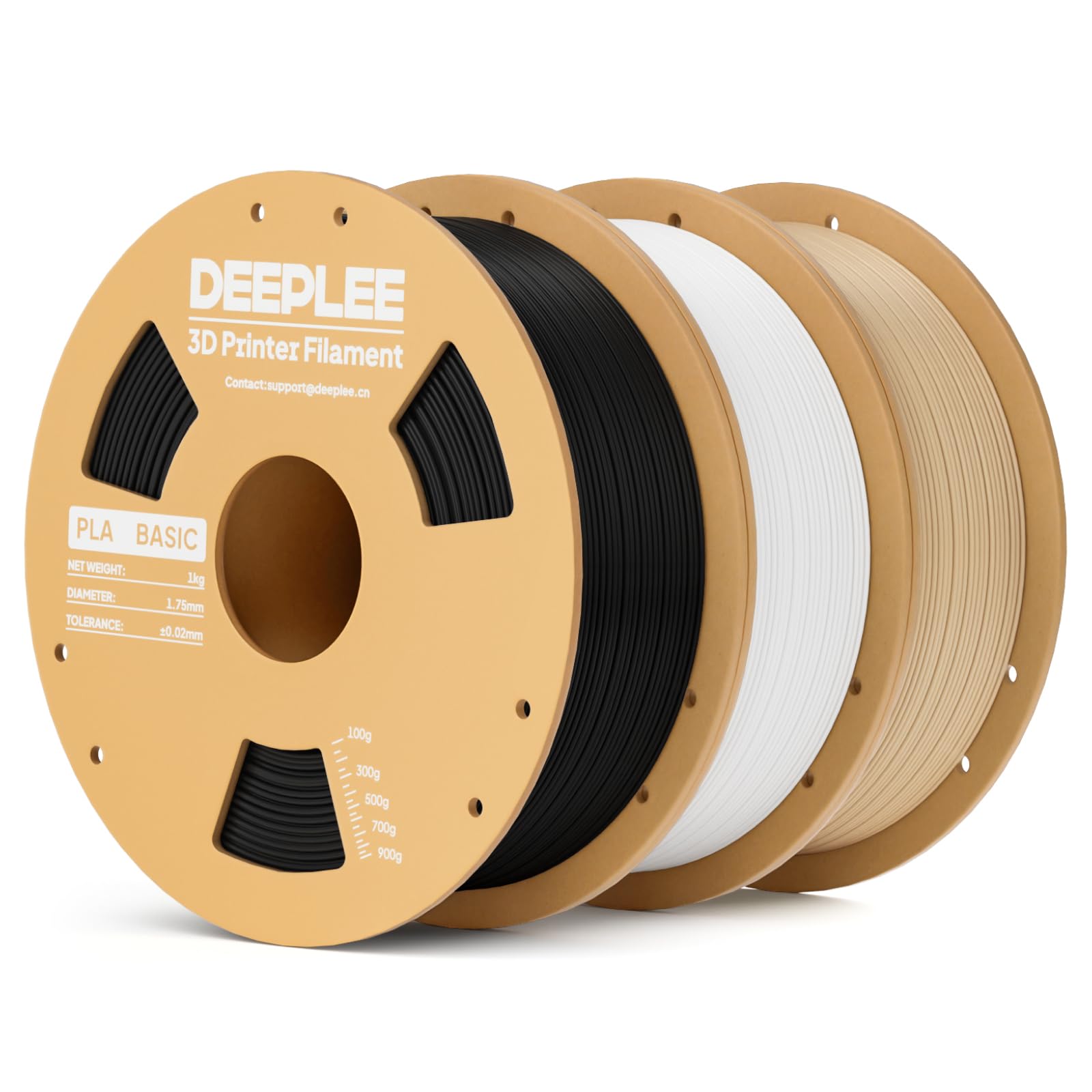 DEEPLEE PLA Basic Filamento 1.75mm, Precisione ±0.02mm, Avvolto Perfettamente Antiostruzione, per la Maggior Parte delle Stampanti FDM, Nero/Bianco/Beige 3KG