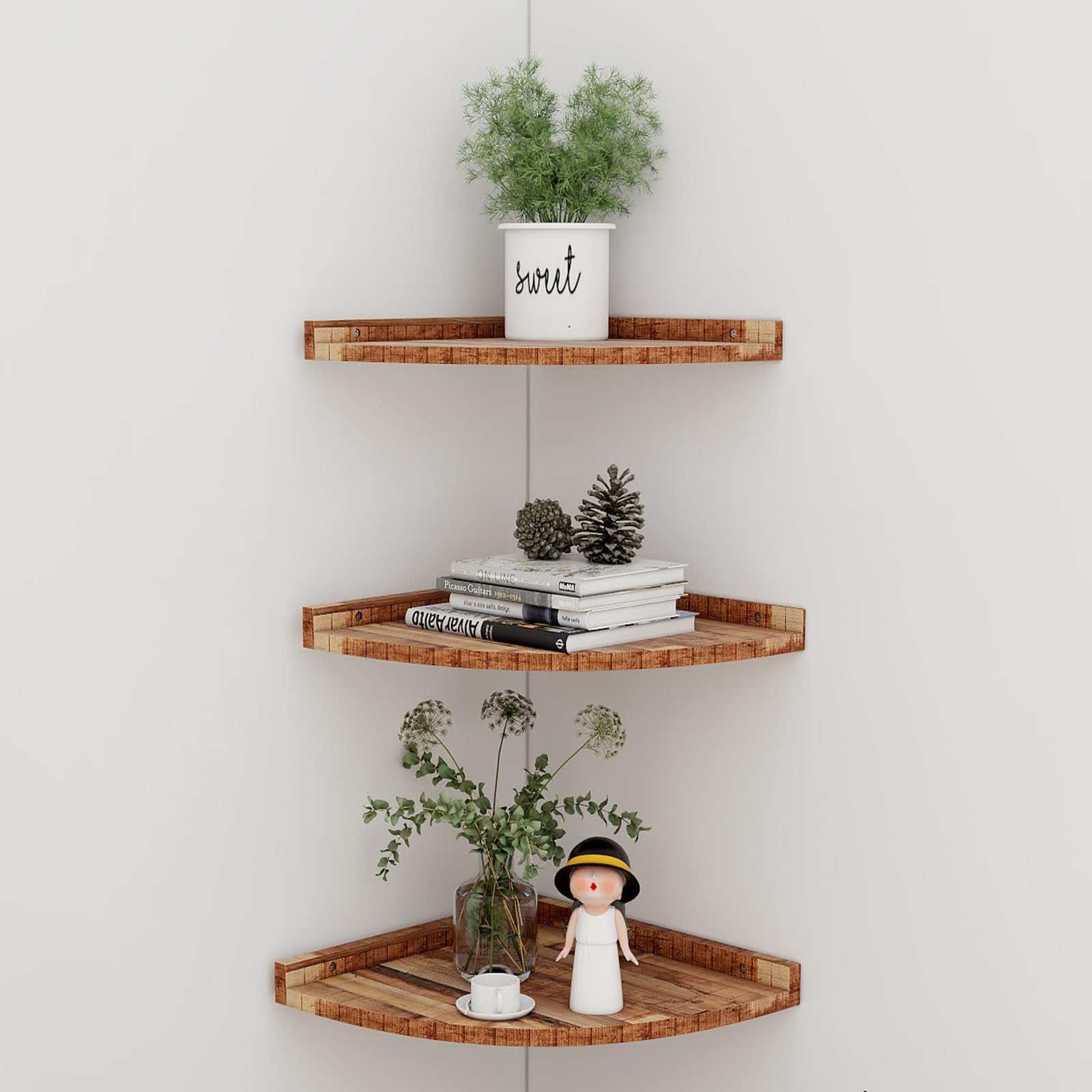 BREEZENEST 3 Piece Corner Shelf Set Floating Wall Shelves Made of Solid Pine Wood Thickened Floating Shelves for Bedroom Kitchen Living Room Bathroom Space Saving Wall Mounted Storage Wood