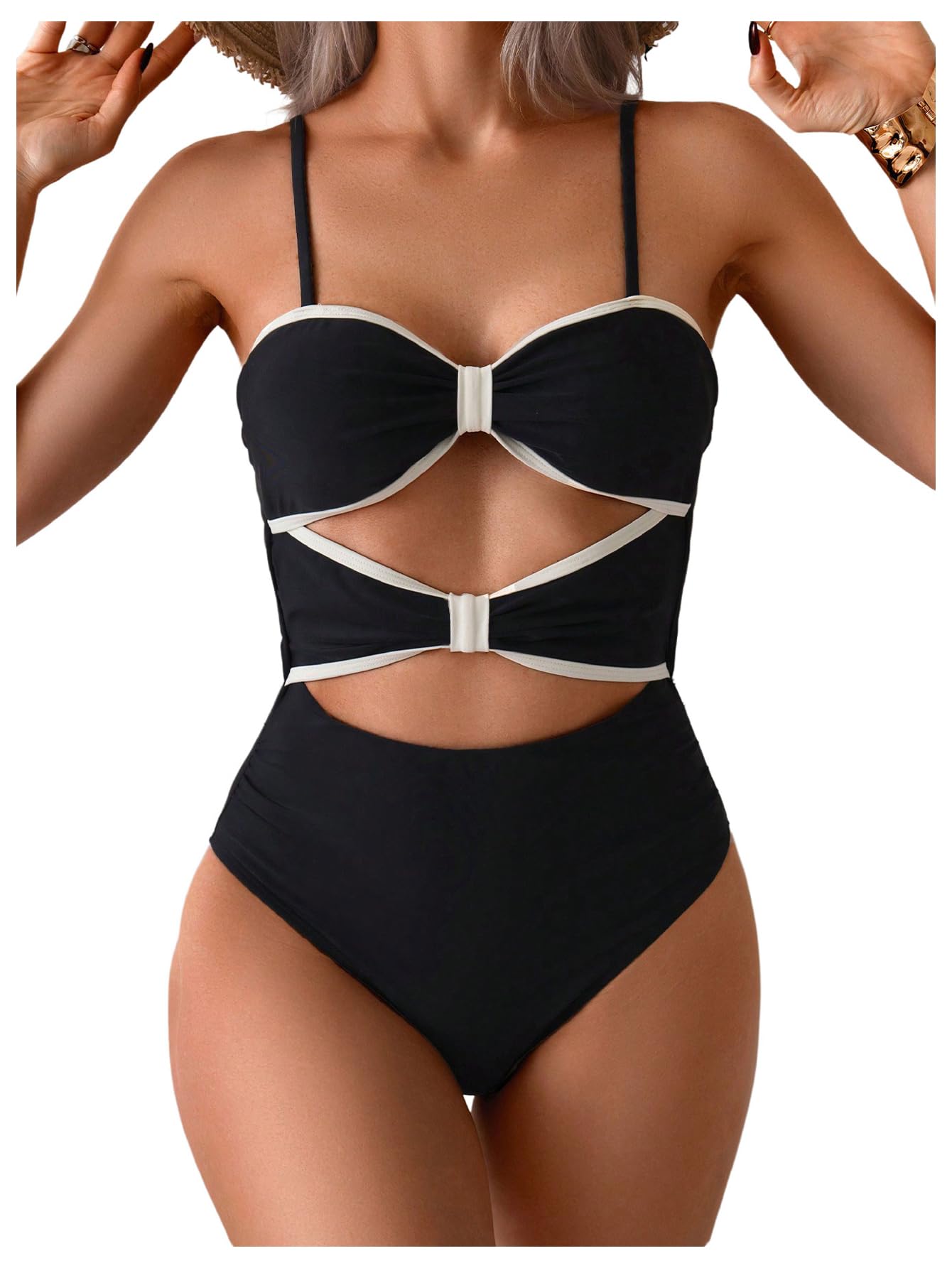 Verdusa Womens Cut Out Colorblock One Piece Swimsuit Tie Back Swimwear Bathing Suit