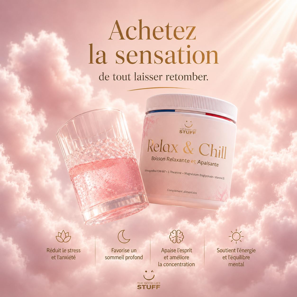 Relax & Chill Boisson Relaxation Anti-Stress/Ashwagandha KSM-66, L theanine, Magnesium Bisglycinate & Vitamine D/Baisse Cortisol & Stress, Améliore Détente et Qualité du Sommeil/Sans Cafeine ni Sucre