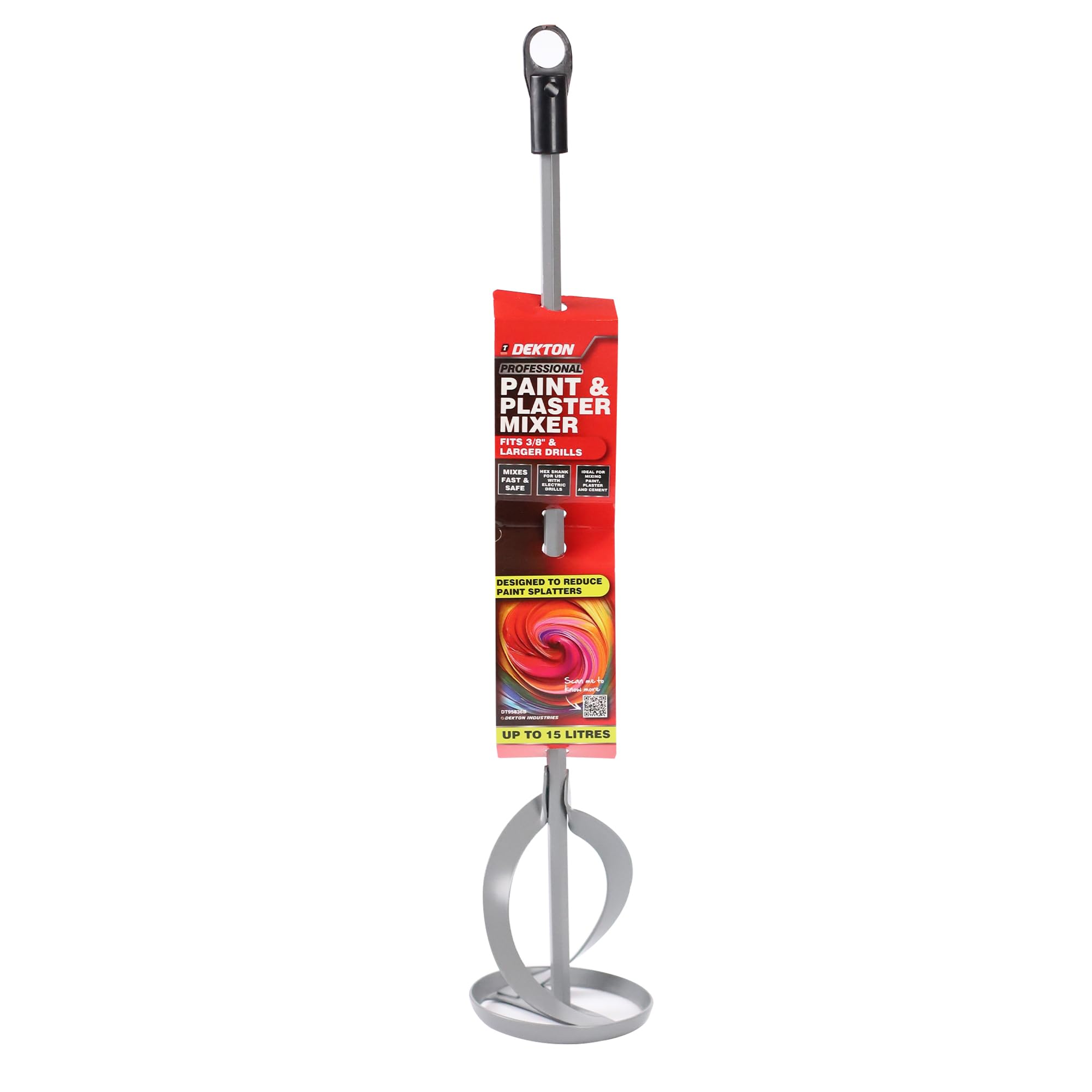 Dekton Professional Paint & Plaster Mixer – Heavy-Duty Spiral Paddle for 3/8" Drills | Hex Shank | Mixes Paint, Plaster, Cement & Compounds (Up to 15L)
